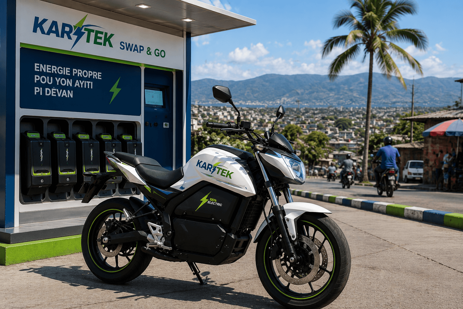 KARITEK electric motorcycle in front of a swap station